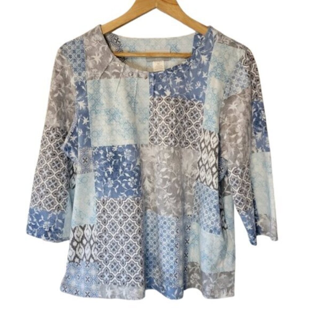 Alfred Dunner Blue and Grey 3/4 Sleeve Top Size PL